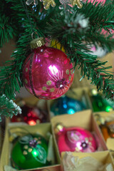 Christmas decorations. Vintage glass balls on a Christmas tree.