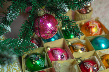 Christmas decorations. Vintage glass balls on a Christmas tree.