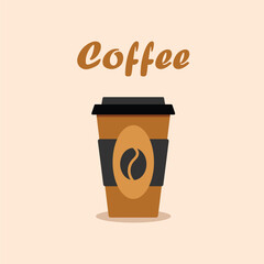 Disposable coffee cup icon with coffee beans logo. Vector illustration flat design.
