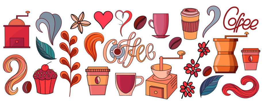 Fototapeta A set of coffee drawings, handmade doodles. Inscriptions of coffee, leaves, grains, heart, coffee grinders, cups.