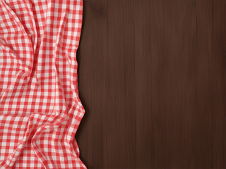 Red gingham tablecloth on wooden background