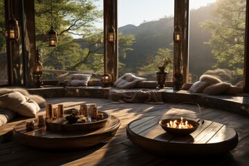 A serene meditation room within a spa with candles and aroma.