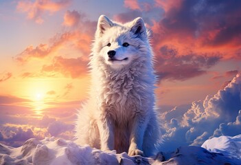 Biały wilk przy zimowym zachodzie słońca.  - obrazy, fototapety, plakaty
