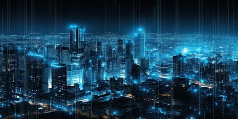 Fotobehang Digital networked cityscape. Futuristic skyscrapers and modern technology. Future urban architecture. Tech driven city skyline and innovations. Cybernetic © Thares2020
