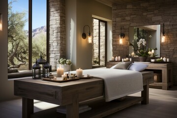 A serene spa room with soft, dimmed lighting, a massage table draped in luxurious linens.