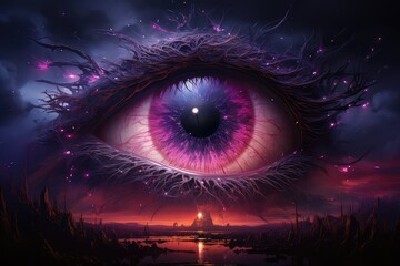 Oko w nocnym niebie z purpurowym blaskiem. 