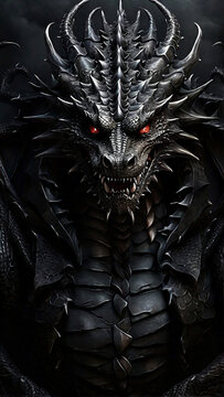 A menacing black dragon, with piercing red eyes and sharp horns, emerges from the shadows