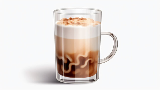 A glass of coffee with milk and foam on top isolated on white background