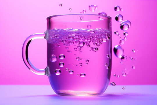 Transparent clean glass mug cup with boiling water and air bubbles on light neon pink purple background. Closeup studio shot