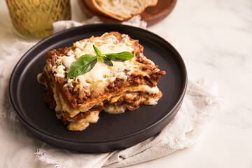 Bolognese tomato sauce traditional lasagna italian food served in a plate