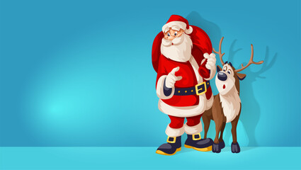 Merry Christmas Santa Claus Cartoon Character with big red Sack of gifts and his friend reindeer animal. On blue background for christmas holiday. Vector illustration.
