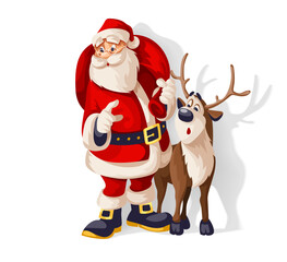 Merry Christmas Santa Claus Cartoon Character with big red Sack of gifts and his friend reindeer animal. Isolated santa cartoon character for christmas holiday. Vector illustration.