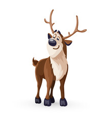 Reindeer christmas cartoon character, smiling northern animal with antlers. Holiday character. Isolated on white transparent background. Vector illustration.