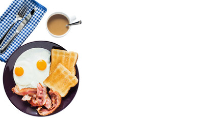Breakfast, fried eggs, ham, coffee, placed on a transparent background