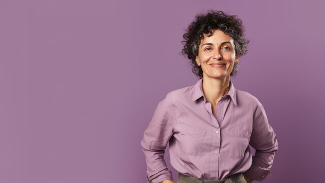 Pragmatic Central European non-binary, 40s, in lilac studio