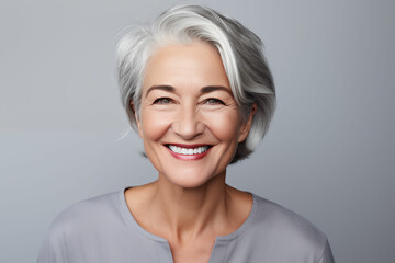 Fototapeta premium An Overflow of Joy: A Portrait of a Smiling, Happy, Mature Woman with Gray Hair against a Plain Gray Backdrop