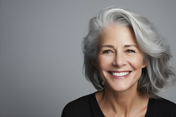 Fototapeta premium Portrait of a Smiling Happy Mature Woman with Gray Hair on a Plain Gray Background