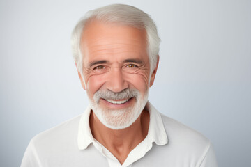 Portrait of a Cheerful Elderly Man with Gray Hair Smiling on a Plain Gray Background