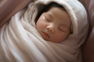 Blissful Slumber of a Newborn Chinese Baby, Serenity Captured With Eyes Closed in Peaceful Sleep