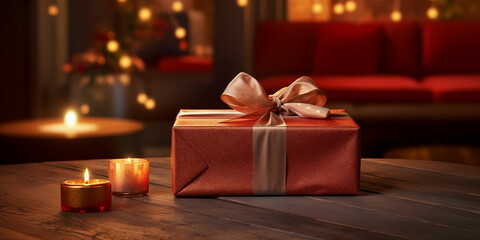 Wrapped Present: Single Gift Box with Ribbon Sitting Alone on a Wooden Table in a Room