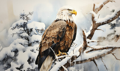Obraz premium Bald Eagle Perched in Snow-Dusted Tree, Confronting Harsh Winter, A Bottle of Alcohol and Ink Nearby