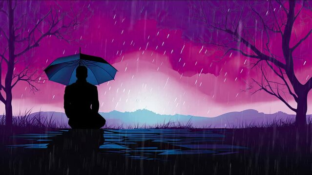 Seamless loop animation. sad man alone purple and blue silhouette. Created using Generative AI Technology
