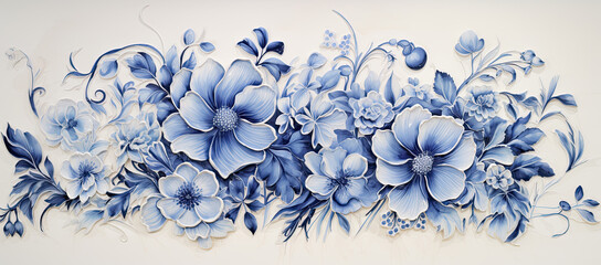 fondo ramo floral en tono azul sobre fondo blanco - obrazy, fototapety, plakaty