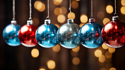 Vibrant Red and Blue Christmas Baubles Captured in Majestic Holiday Photography