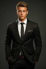 Fototapeta premium Successful Young Man with Brown Hair: A Model of Modern Handsomeness in a Sharp Suit