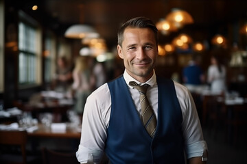 Medium Shot Portrait Photography of a Cheerful Waiter Man in his Formal Attire