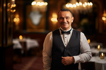 'Medium Shot Portrait Photography of a Cheerful Waiter Man in His Formal Wear, Radiating Happiness'