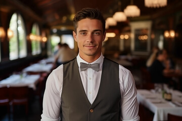 Medium Shot Portrait of a Professional Waiter in His Dress Shirt and Bow Tie - obrazy, fototapety, plakaty