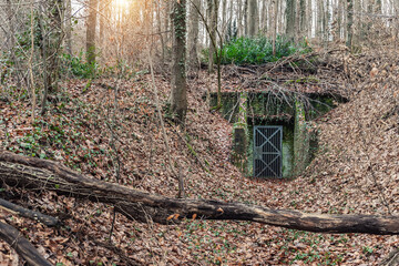 Second world war old abandoned concrete military bunker shelter hidden in forest woods fallen leaves at German-french westwall border in winter autumn. closed grate door dugout secret fortification