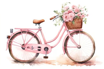 watercolor illustration pastel colors cute vintage pink bicycle with basket with flowers on white background
