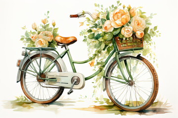 Fototapeta na wymiar watercolor illustration cute vintage green bicycle with basket with flowers on white background