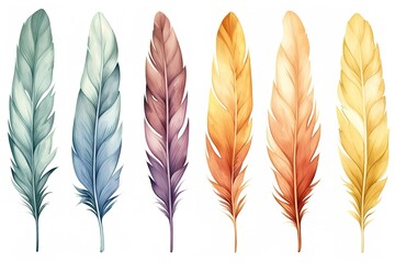set of blue and yellow watercolor feathers on white background