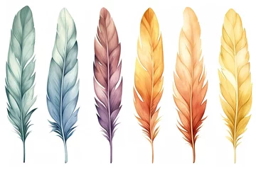 Keuken foto achterwand Veren set of blue and yellow watercolor feathers on white background