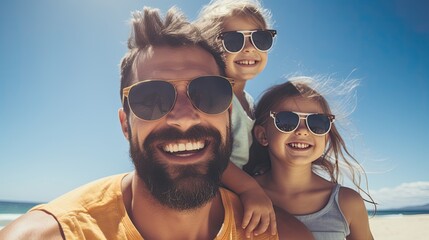 young father with his two kids spending the day at the beach - obrazy, fototapety, plakaty