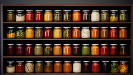 pantry shelves with glass jars - obrazy, fototapety, plakaty
