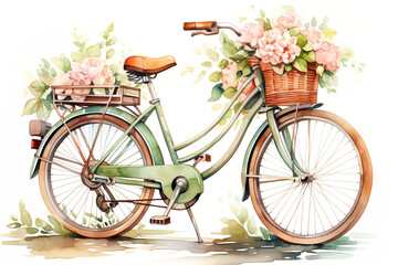 Fototapeta na wymiar cute retro old pastel green bicycle with flowers. Watercolor image.