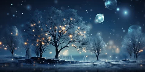 Foto op Canvas Abstract Winter Dream: A blurred background, as if the dreams of a winter nap, with tree silhouettes and twinkling blurred light, creating a magical Christmas atmosphere. © AMK 
