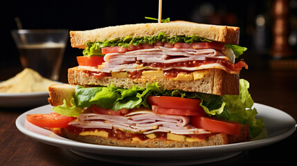 A perfectly stacked triple decker club sandwich