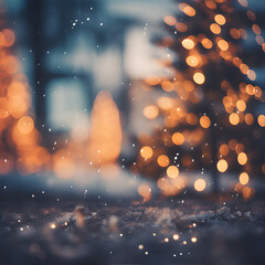 Beautiful Christmas defocused blurred background with Christmas tree lights in the evening