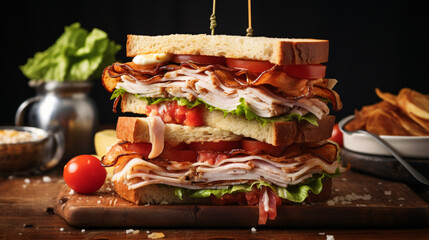 A perfectly stacked triple decker club sandwich - obrazy, fototapety, plakaty