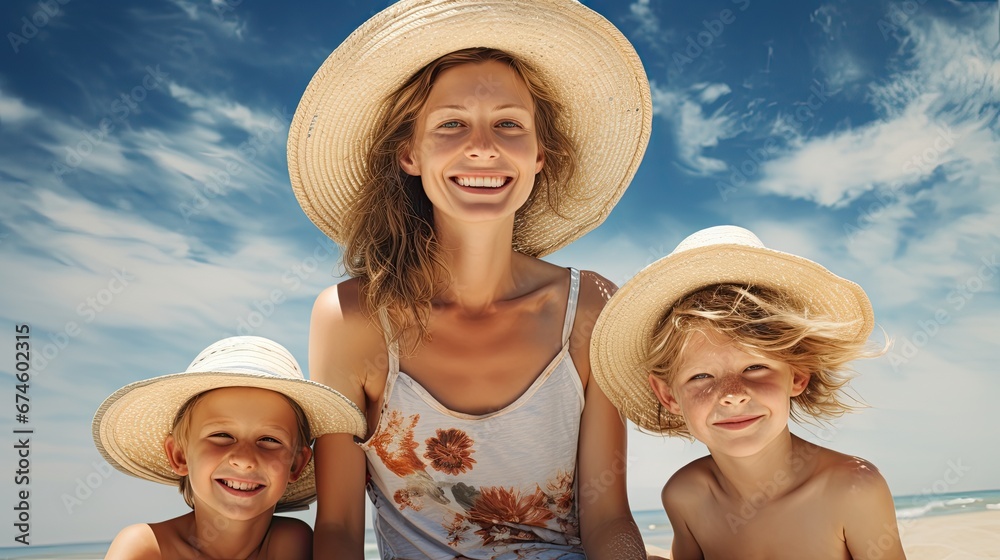 Wall mural smiling mother with her two kids on the beach