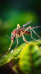 Close-up view of a mosquito-like bug on a leaf with water droplets, highlighting its intricate details and textures