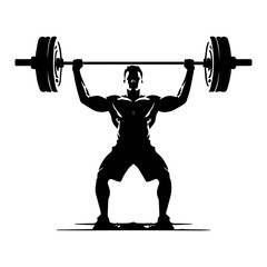 A weight lifting muscle man or bodybuilder weightlifting weights in silhouette, vector illustrator. - obrazy, fototapety, plakaty
