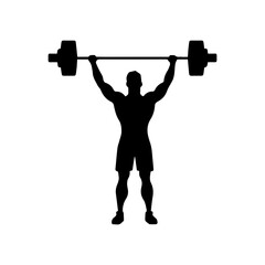 A weight lifting muscle man or bodybuilder weightlifting weights in silhouette, vector illustrator.