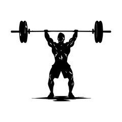 A weight lifting muscle man or bodybuilder weightlifting weights in silhouette, vector illustrator.