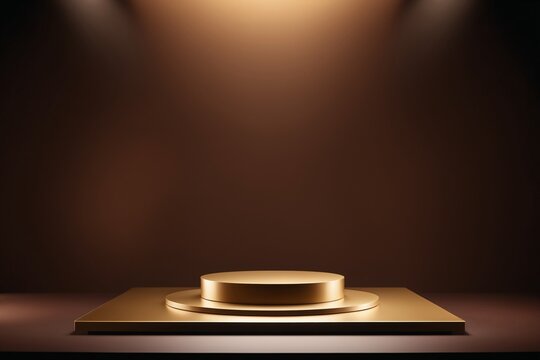 Goldenes Podium mit Beleuchtung zur Präsentation eines Produkts. Ein Mockup in braun-goldenem Farbton für die Produktpräsentation